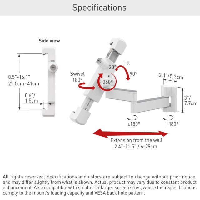 Uchwyt ścienny obrotowy do tabletu 7-14" z blokadą i regulacją pozycji