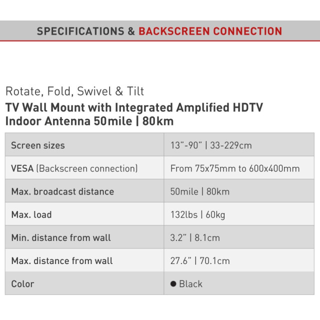 Barkan VTM464L – uchwyt TV z anteną HDTV 13–90″