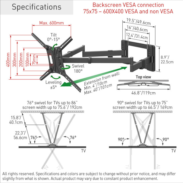 Uchwyt ścienny obrotowy/uchylny do telewizora 13-86" 56kg